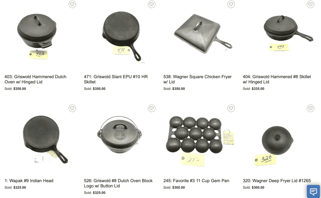 Pieces of vintage and antique cast iron cookware and gem muffin pans Wagner Wapak Griswold Favorite highest prices paid at February 2024 auction. 
